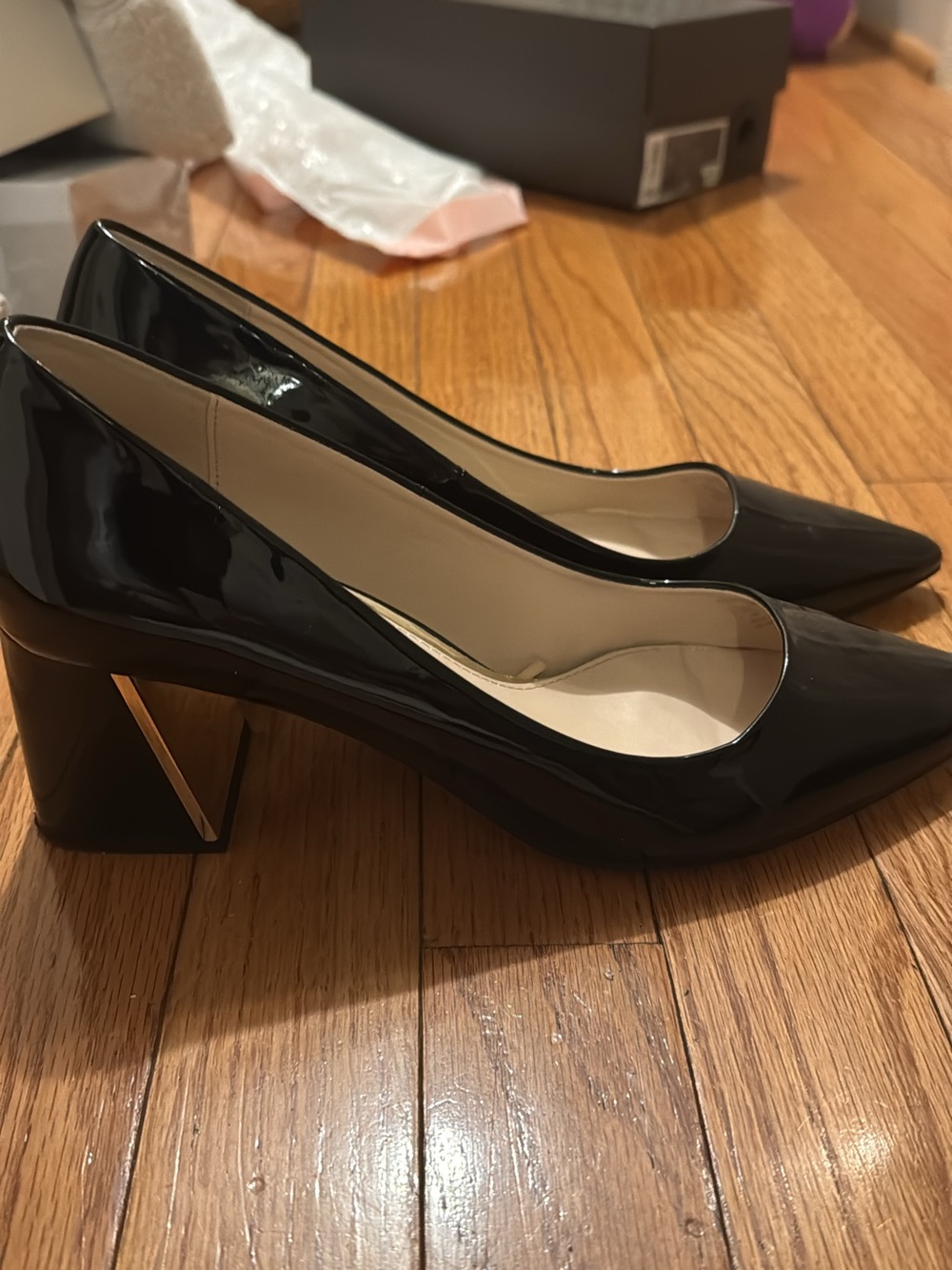Zara Black Patent Pointed Block Heel Pumps with Gold Accent